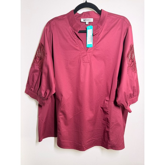 WD·NY Tops - WD·NY Blouse Women 2X Burgundy NWT Eyelet Sleeve Split Neck Pullover Top